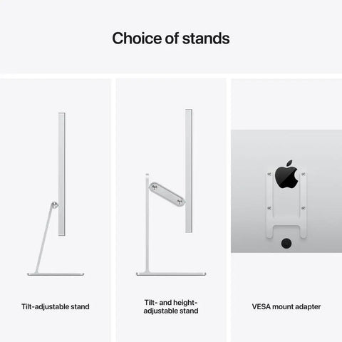 Studio Display with standard glass options featuring tilt-adjustable, tilt-and-height adjustable stands, and VESA mount adapter.