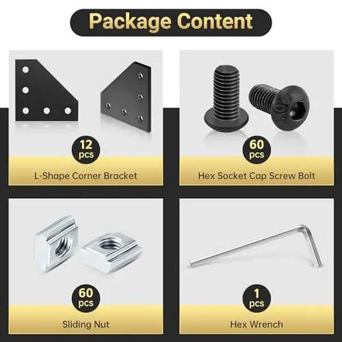 Package content of the 2020 Aluminum Extrusion Corner Bracket Set with L Shape 90 Degree Connectors, 60 T Nuts, 60 Screws, and Wrench
