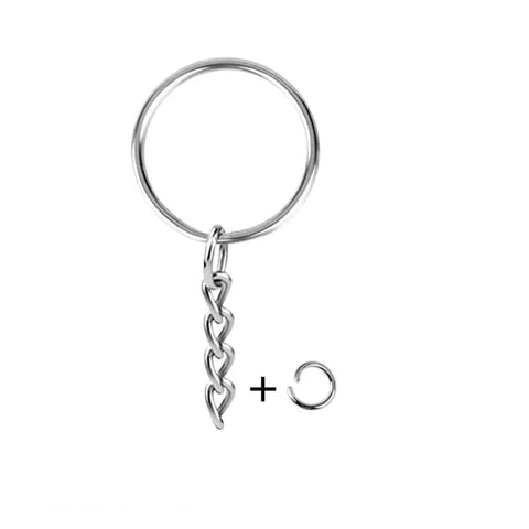 Split Key Ring Kit With Chains And Jump Rings, 100 Pieces, 1 Inch Silver Nickel Key Rings for DIY projects, visible ring and chain close-up