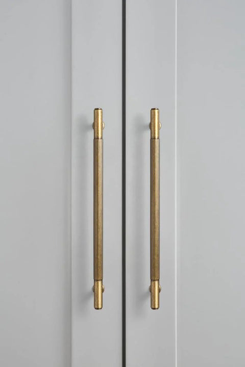 Antique Brass Cabinet Pulls 6 Pack Vintage Bronze Drawer Handles 7 1 4 Inch Center To Center installed on white cabinet doors