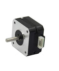 Front view of 42x42mm NEMA 17 stepper motor with silver faceplate, black body, 4-lead connector.