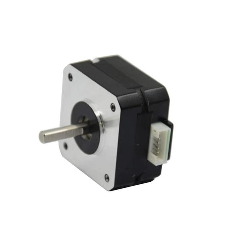 Front view of 42x42mm NEMA 17 stepper motor with silver faceplate, black body, 4-lead connector.