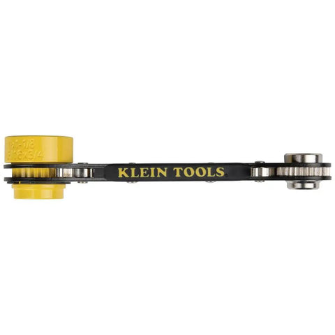 Side view of Six In One Lineman's Ratcheting Wrench With Bolt Through Design And Bright Yellow Socket For Utility Pole Hardware