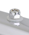 Close-up of the chrome bolt and washer on the Slick Chrome Straight Spring Loaded Mud Flap Hanger With Two Point Five Bolt Spacing.