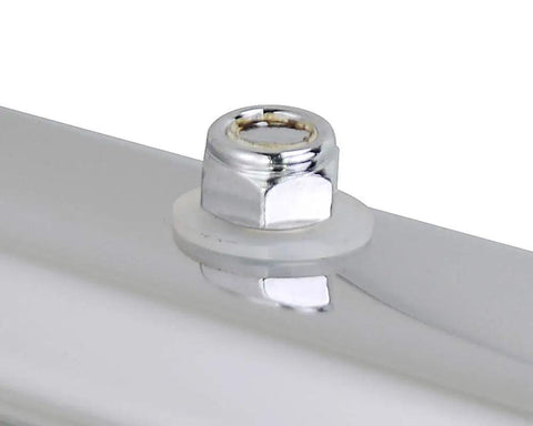 Close-up of the chrome bolt and washer on the Slick Chrome Straight Spring Loaded Mud Flap Hanger With Two Point Five Bolt Spacing.