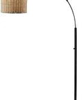 Bronze Arc Floor Lamp With Rattan Shade, Modern Coastal Overhead Lighting, 80 Inch Tall, 46 Inch Reach, Warm Ambient Glow, Cozy Vibe