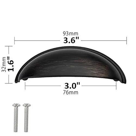 Killer Eight Pack Slick Cup Pull Handles For Vintage Farmhouse Kitchen Cabinets And Dresser Drawers In Drop Dead Beautiful Oil Rubbed Bronze With Three Inch Screws Spacing And Solid Zinc Construction For Fast Refresh Projects showing dimensions and screws.
