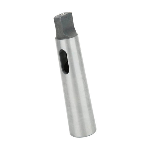 Steel MT3-to-MT2 drill sleeve reducing adapter, side view.