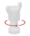 White plastic nut from Plastic Nuts And Long Bolts Hardware Kit For Greenhouse Vent Windows Repair with twisting arrow indication.
