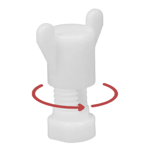White plastic nut from Plastic Nuts And Long Bolts Hardware Kit For Greenhouse Vent Windows Repair with twisting arrow indication.