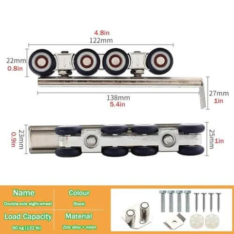Concealed Soft Close Barn Door Hardware Kit With Double Hanging Tracks showing 8-wheel hangers and hardware components.
