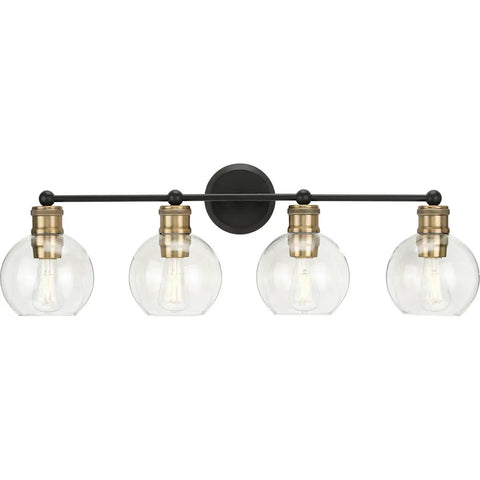 Coastal Four Light Bath Vanity Light With Clear Glass Globes In Antique Bronze Finish