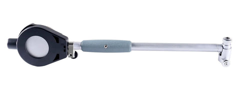 Dial bore gauge side view with black head, gray grip, and silver measuring rod; 1.4–6 in range
