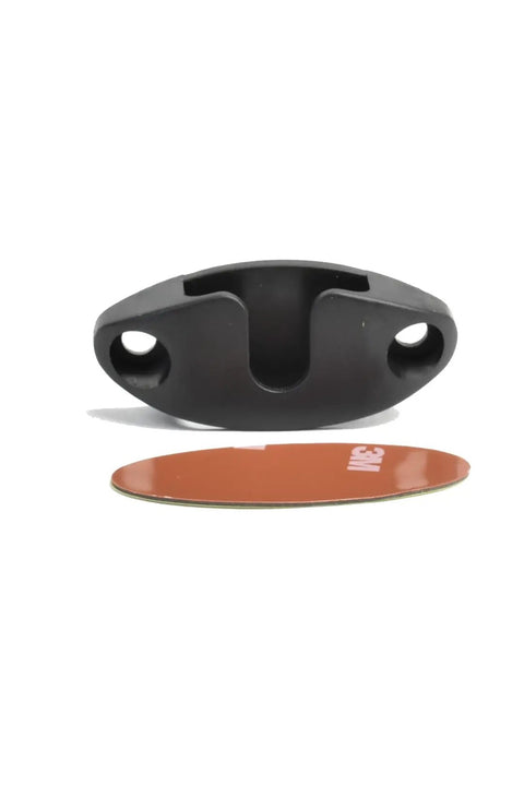 Black base of adjustable cup holder mount for handheld radios and scanners, showcasing 3.75-inch extensible bottom piece, includes adhesive pad.