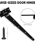Diagram of heavy-duty 12-inch door hinge with measurements, featuring rust-resistant wrought iron construction and a separate screw component.