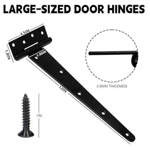 Diagram of heavy-duty 12-inch door hinge with measurements, featuring rust-resistant wrought iron construction and a separate screw component.