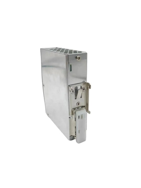 Side view of Beefy 75 Watt 24 Volt Industrial Switching Power Supply DIN Rail Mount for CCTV and LED Lighting SMPS Converter.