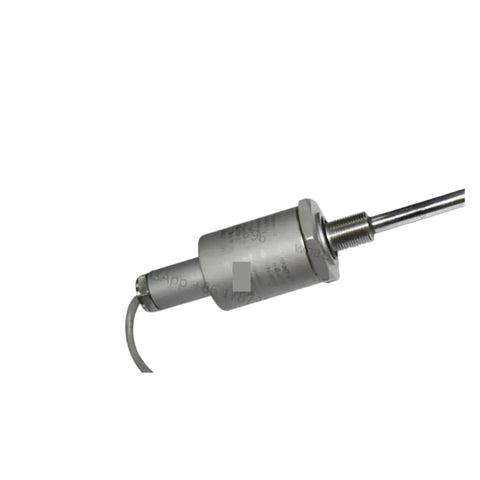Side view of magnetostrictive liquid level sensor with threaded stainless steel probe and attached cable (intrinsically safe)