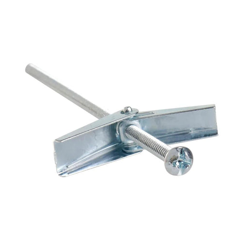 Close-up of Toggle Bolts Set, 20 Pack, 1/8 Inch By 4 Inch Drywall Anchors in solid steel with zinc plating, SAE right hand threads.