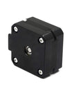 Black NEMA 17 stepper motor with 23mm body, central shaft, and four corner mounting screws.