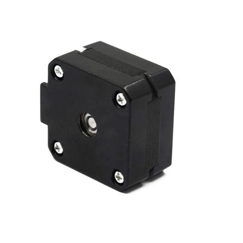 Black NEMA 17 stepper motor with 23mm body, central shaft, and four corner mounting screws.