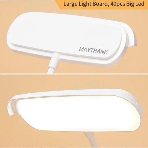Cordless Desk Lamp With 40 LED Panel, Rechargeable Big Battery, Touch Dimmer, flexible gooseneck, and dual power options.