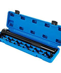 Inner tie rod tool kit, front view, in blue case; 13-piece set with 1/2 in drive and crowfoot adapters