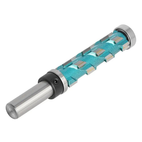 Heavy Duty 12mm Shank Solid Carbide Spiral Router Bit With Top Bearing for Smooth Flush Trimming and Precision CNC Milling Templates On Wood Projects, angled view.