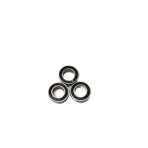 Three Miniature Deep Groove Ball Bearing 5x11x4 mm MR115 2RS shown with rubber seals, ideal for precision machinery and RC models.