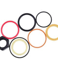 Heavy Duty Cylinder Seal Kit 7135558 6803325 Compatible With Bobcat Loaders 753 763 773 7753 And Excavators 220 320 322 323 Rod One And A Half Inch Bore Two And A Quarter Inch Seals For Reliable Hydraulic Performance with assorted seals on display.