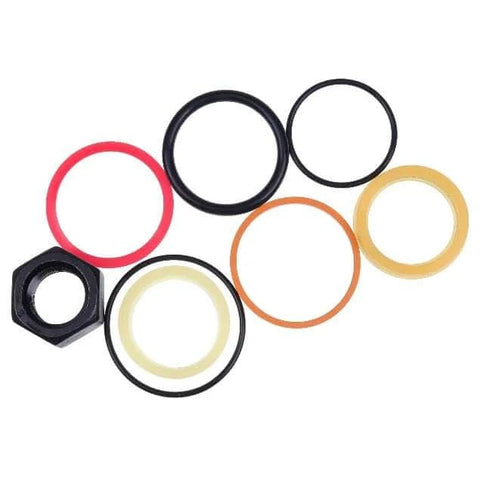 Heavy Duty Cylinder Seal Kit 7135558 6803325 Compatible With Bobcat Loaders 753 763 773 7753 And Excavators 220 320 322 323 Rod One And A Half Inch Bore Two And A Quarter Inch Seals For Reliable Hydraulic Performance with assorted seals on display.