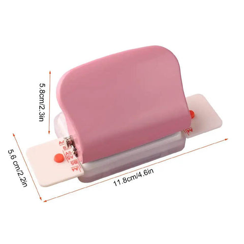 Six Hole Puncher For Loose Leaf Notebooks, pink handheld metal circle paper puncher with A4 A5 B5 size markings, 5 sheet capacity