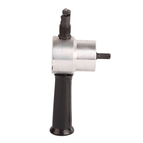 Side view of Dual Head 160A Metal Nibbler Drill Attachment With 360 Degree Rotating Heads for cutting metal sheets.