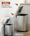 Before and after using Transparent Wall Protectors Behind Trash Cans, showing scuff-free wall with silicone bumpers installed.