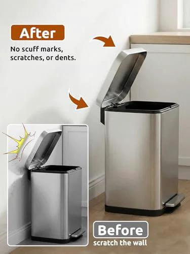 Before and after using Transparent Wall Protectors Behind Trash Cans, showing scuff-free wall with silicone bumpers installed.