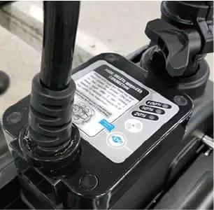 Close-up view of the control unit for Rig Ready 12 Volt Transom Trolling Motor 55 Lbs Thrust With Wicked Smooth Wireless Remote.