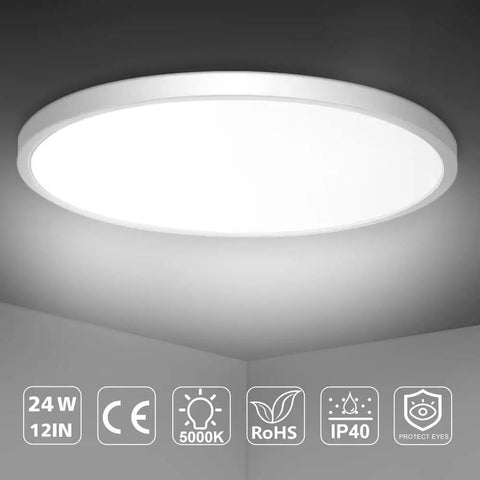 12 Inch LED Flush Mount Ceiling Light Black 5000K Daylight White 24W 240W Equivalent Dope Ultra Thin Flat Modern Ceiling Fixture 3200 Lumen