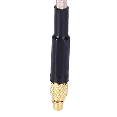 Close-up of High Gain 5.8GHz RHCP Antenna Tube for FPV Racing Drones MMCX Straight, gold connector, 63mm black tube.