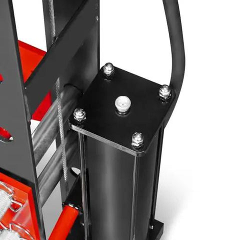 Close-up of hydraulic component of Beefy 30 Ton H Frame Air Hydraulic Shop Press With Hand Winch And Pin Kit Fully Welded Steel Frame