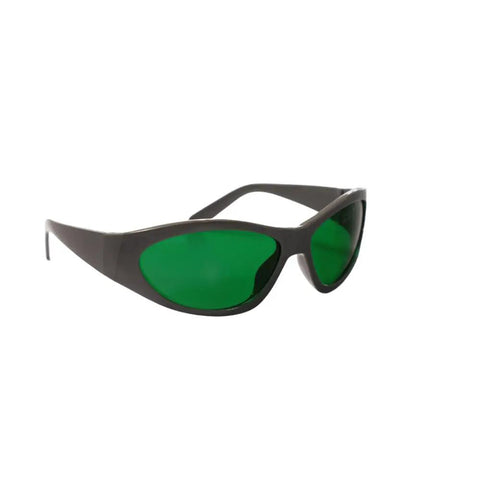 Pro Grade Laser Safety Glasses Shield Your Peepers From Blue Red And Infrared Beams Up To 1100Nm featuring green lenses and a black frame.
