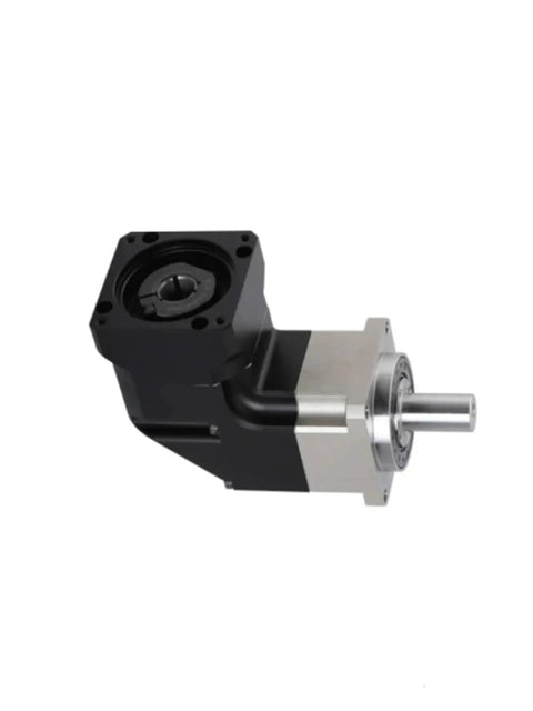 PLMG060 Tight Precision Right Angle Planetary Gearbox Reducer with 14mm shaft, black and silver design for 400W AC motors.