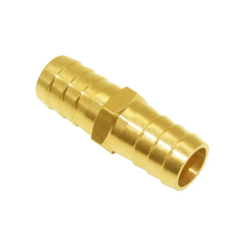 Three Pack Solid Brass 5/8 Inch Hose Repair Connectors With Stainless Steel Clamps, front view of brass connector