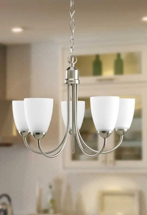Five Light Etched Glass Traditional Chandelier In Brushed Nickel From Gather Collection, close-up in cozy dining room setting.