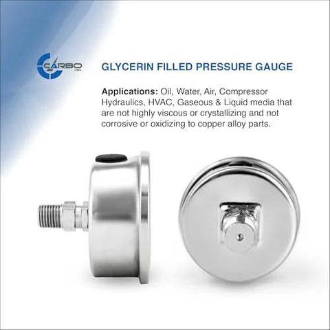 Carbo glycerin-filled pressure gauge; side and front views, stainless steel case, 1/4in NPT back mount, 0–30 psi.