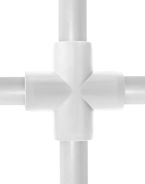 Front view of 4 Way 1/2 Inch Cross PVC Fitting 10 Pack Connector Furniture Grade For DIY Furniture Projects And PVC Structures White With Glossy Finish