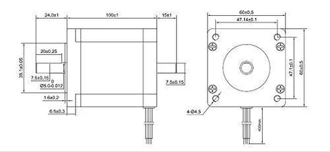 Front and side CAD views of NEMA 24 stepper motor with dual 8mm shafts, 3A, 3.4Nm, 8-wire for CNC mill/lathe/router
