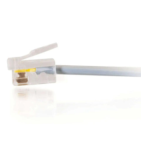 Close-up of RJ11 Modem Cable For Landline Phones And DSL Modems No Frills 7 Foot Silver Telephone Cable With RJ11 Male Connectors On Both Ends