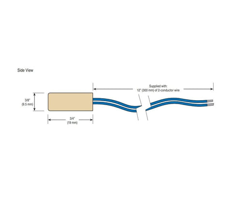 Tekmar Universal Temperature Sensor 071 side view; beige rectangular sensor with blue two-conductor wire lead.