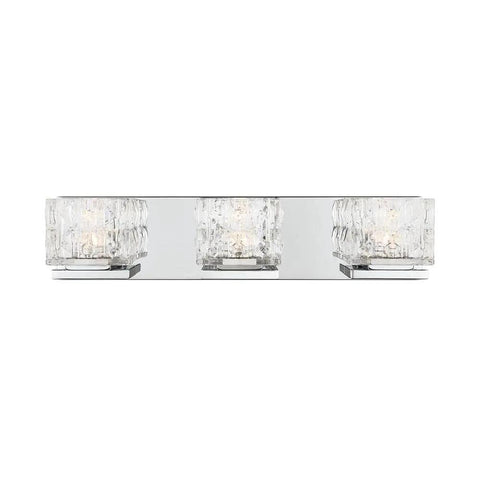 3 Light Sleek Chrome Integrated LED Vanity Light With Clear Cube Glass, 75-Watt Equivalent, front view, minimalist style.