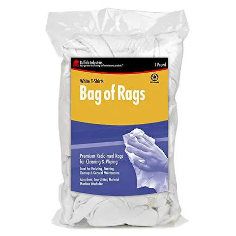 Front view of package of All White Recycled T Shirt Cloth Rags For All Purpose Wiping Cleaning And Polishing, Absorbent Lint Free 1 Lb Box